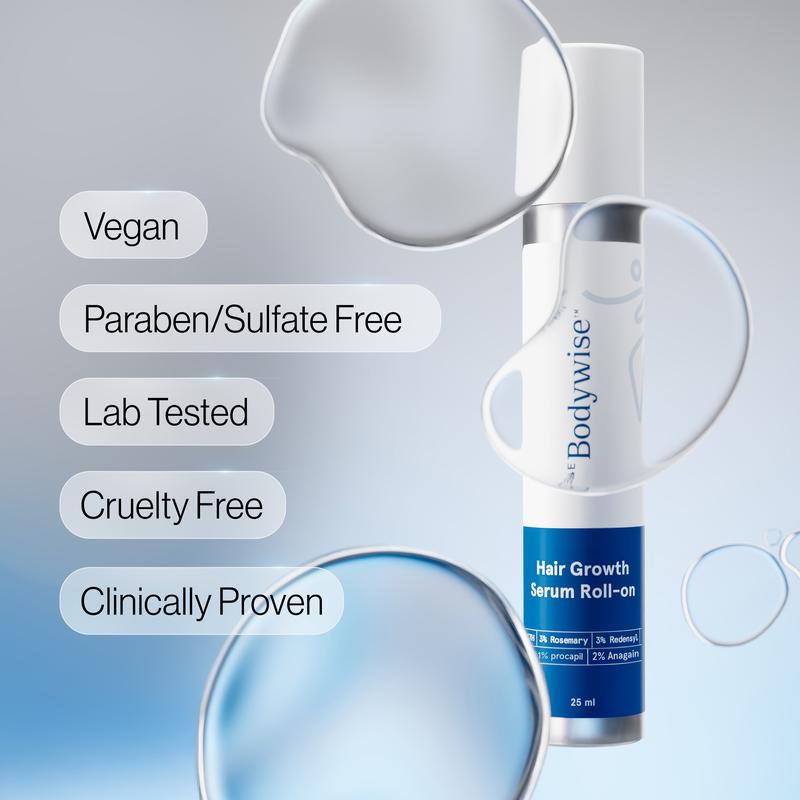 Be Bodywise Rosemary Hair Growth Serum Roll On 25 ml – 3% Rosemary, 3% Redensyl & 2% Anagain | DHT-Blocking Scalp Serum Boosts Oxygen Flow, Reduces Hair Fall | Paraben/Sulfate-Free | Women & Men